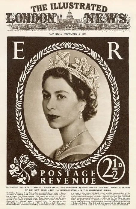 Framed Print : Front cover of The Illustrated London News featuring the first postage stamp of the reign of Queen Elizabeth II, issued 5 December 1952. The stamp featured a portrait by Dorothy Wilding and was designed by Mr. M. C. Farrar-Bell Framed Print : Front cover of The Illustrated London News featuring the first postage stamp of the reign of Queen Elizabeth II, issued 5 December 1952. The stamp featured a portrait by Dorothy Wilding and was designed by Mr. M. C. Farrar-Bell