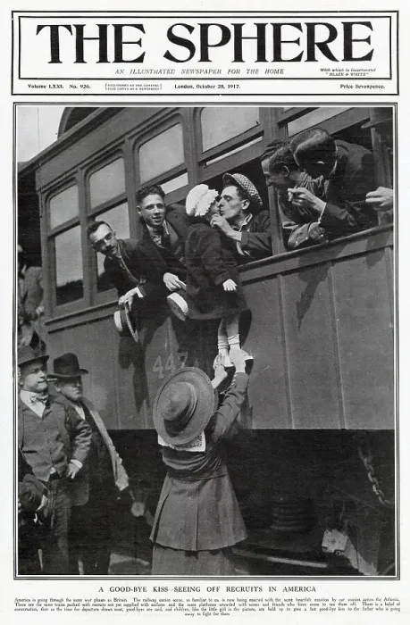 Framed Print : Front cover of The Sphere, showing recruited Americans saying good-bye to their families on the railway platform, ready for their journey across the Atlantic. Date: October 1917