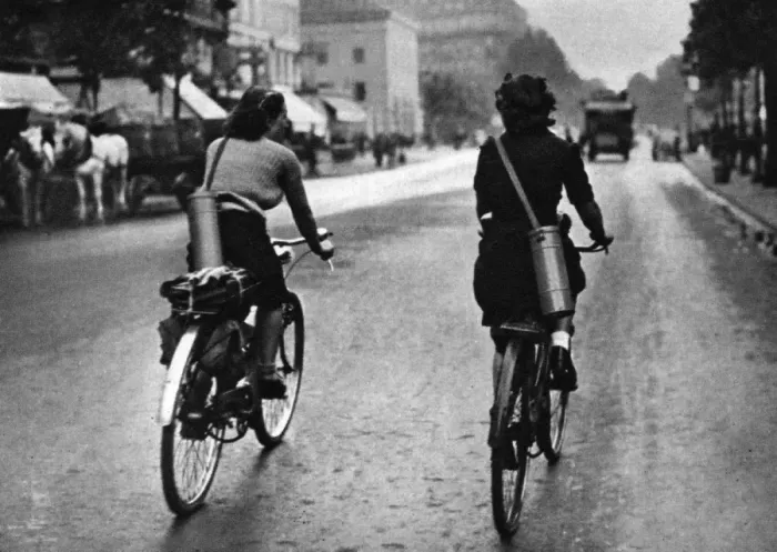 Framed Print : Cycling with gas masks in WWII