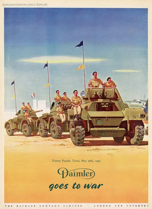 Framed Print : Daimler Goes to War. Advertisement for Daimler Company Limited showing the Victory Parade, Tunis, 20th May 1943. Date: 1943