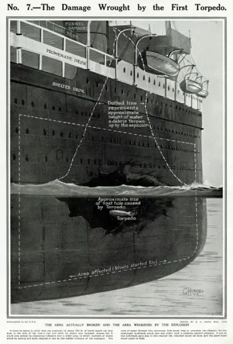 Framed Print : The Damage on the Lusitania by the first torpedo