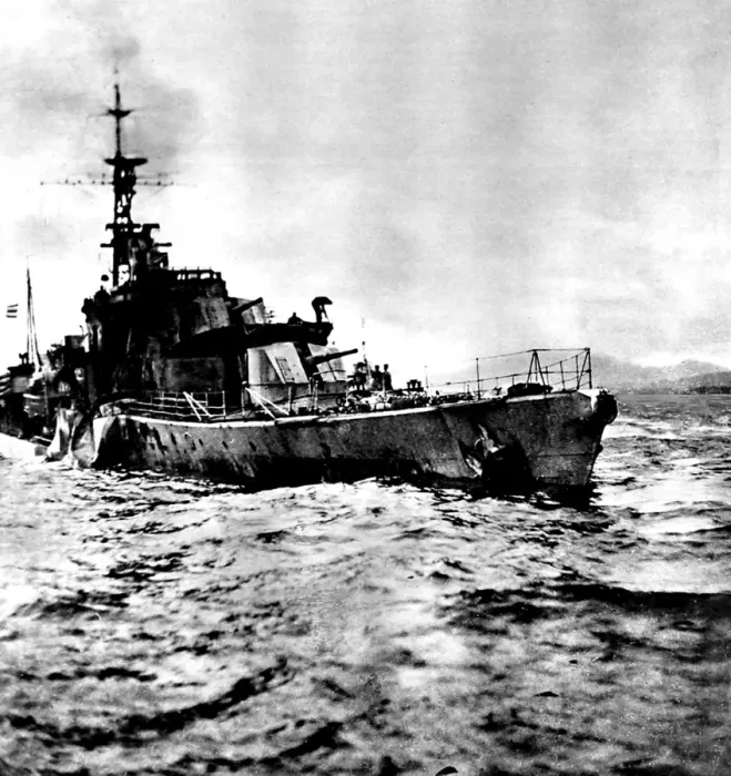Framed Print : The Damaged HMS Saumarez off Albania, 1946 Framed Print : The Damaged HMS Saumarez off Albania, 1946