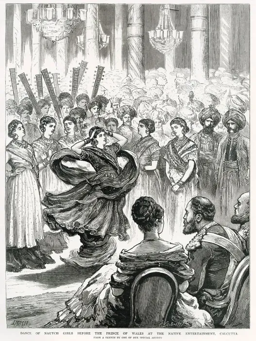 Framed Print : Dance of nautch girls before the Prince of Wales at the native entertainment at the Villa of Belgatchia in Calcutta, India. Date: 1876 Framed Print : Dance of nautch girls before the Prince of Wales at the native entertainment at the Villa of Belgatchia in Calcutta, India. Date: 1876