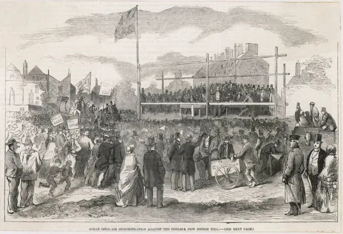 Framed Print : Demonstration against the toll on Chelsea Bridge, London