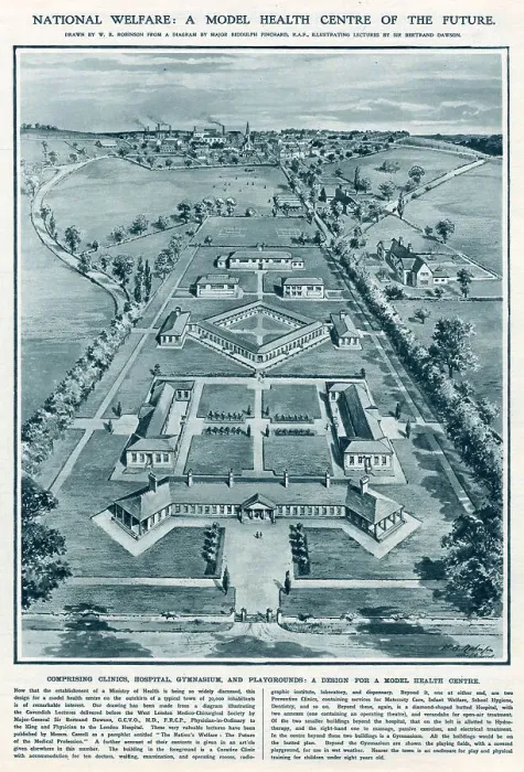 Framed Print : Design for a modern health centre comprising clinics, hospital, gymnasium and playgrounds. Illustration by W. B. Robinson based on a diagram by Major Biddulph Pinchard R.A.F illustrating a lecture by Sir Bertrand Dawson. Date: 1918 Framed Print : Design for a modern health centre comprising clinics, hospital, gymnasium and playgrounds. Illustration by W. B. Robinson based on a diagram by Major Biddulph Pinchard R.A.F illustrating a lecture by Sir Bertrand Dawson. Date: 1918
