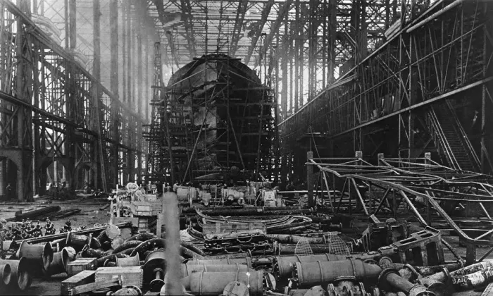 Framed Print : Destroyer on stock in a navy ship-building yard