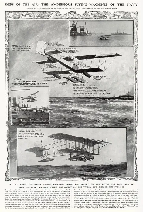 Framed Print : Diagram showing the two kinds of short hydro-aeroplanes which could rise from the water. Date: 1912 Framed Print : Diagram showing the two kinds of short hydro-aeroplanes which could rise from the water. Date: 1912