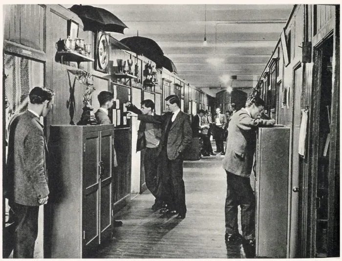 Framed Print : Dormitory passage in Anglesey, with, on the left, school trophies on display and umbrellas hung up to dry. Date: 1959 Framed Print : Dormitory passage in Anglesey, with, on the left, school trophies on display and umbrellas hung up to dry. Date: 1959