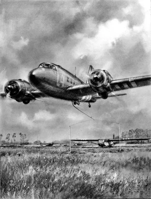 Framed Print : Douglas Dakota picking up a glider, Normandy; Second World W Framed Print : Douglas Dakota picking up a glider, Normandy; Second World W
