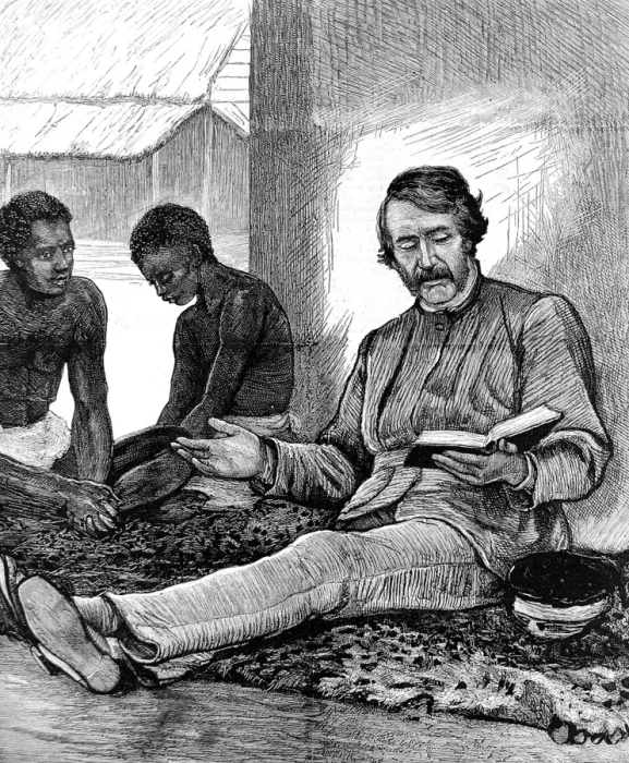Framed Print : Dr. Livingstone reading the Bible to some of his African hel