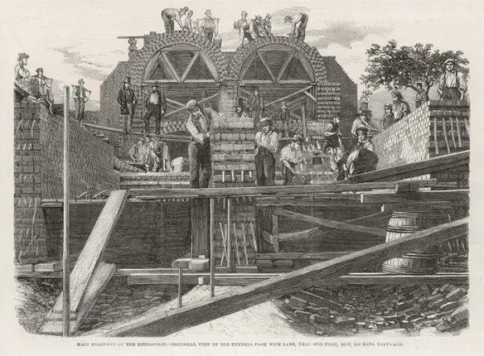 Framed Print : DRAINAGE. London Metropolitan Main Drainage : constructing tunnels in Wick Lane