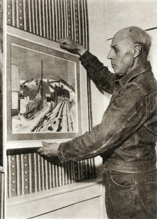 Framed Print : Edward Bawden hanging his painting of Waltham Cross Framed Print : Edward Bawden hanging his painting of Waltham Cross