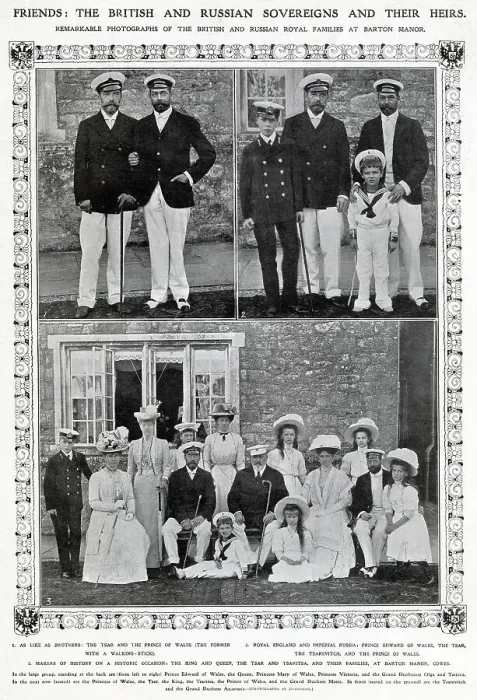 Framed Print : Edward VII and the British royal family entertain the Russian royal family at Barton Manor, Cowes, on the Isle of Wight. Date: 4th August 1909 Framed Print : Edward VII and the British royal family entertain the Russian royal family at Barton Manor, Cowes, on the Isle of Wight. Date: 4th August 1909