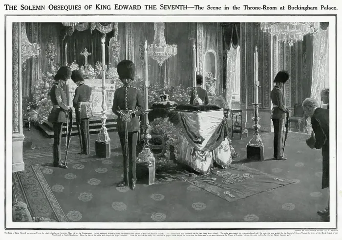 Framed Print : Edward VII, who passed away on 6 May 1910, at the age of 69. The King's body lay-in-state in the Throne Room at Buckingham Palace, London, guarded by Ist Grenadier Guards. Date: 1910 Framed Print : Edward VII, who passed away on 6 May 1910, at the age of 69. The King's body lay-in-state in the Throne Room at Buckingham Palace, London, guarded by Ist Grenadier Guards. Date: 1910