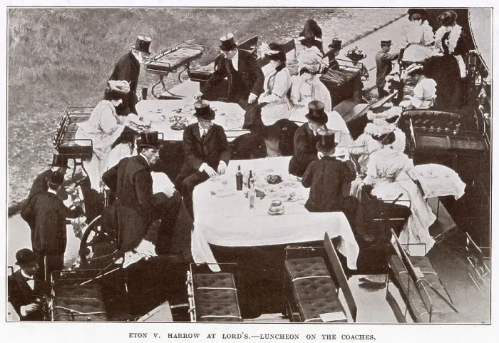 Framed Print : Edwardian men an women sitting on top of the coaches having luncheon, finely laid out with white tablecloths. Date: 1907