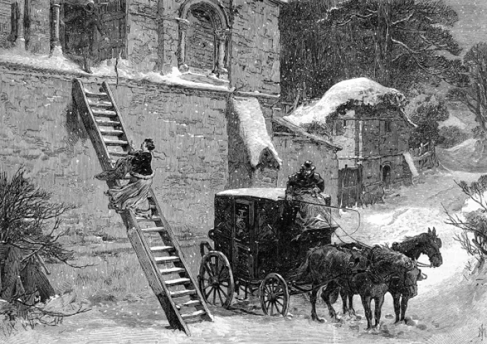 Framed Print : Eloping. Engraving showing a young woman escaping a house by step ladder in order to elope
