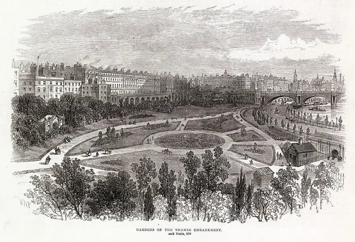 Framed Print : Embankment Gardens (near Charing Cross Station). Date: 1872 Framed Print : Embankment Gardens (near Charing Cross Station). Date: 1872