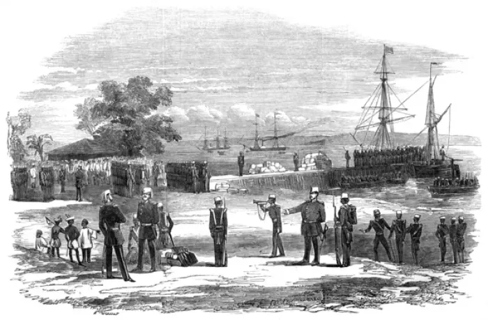 Framed Print : The embarkation of British troops at Kyook Phyoo, Burma Framed Print : The embarkation of British troops at Kyook Phyoo, Burma