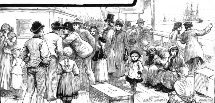 Framed Print : Emigrants queuing for Berth Numbers on their ship, Gravesend