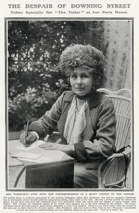 Framed Print : Emmeline Pankhurst pictured working on correspondence at her home in Paris in a photograph taken exclusively for The Tatler in 1913. She was staying there with her eldest daughter Christabel and later embarked on a tour of America. Date: 1913
