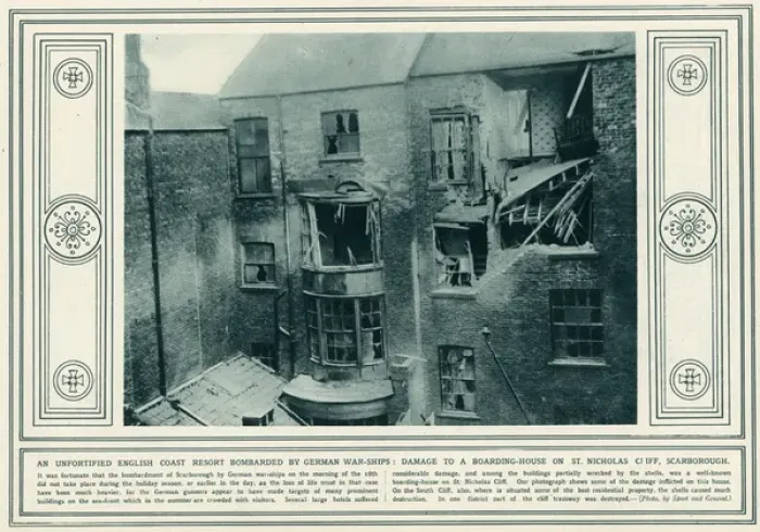 Framed Print : English coast resort bombarded by German war-ship Framed Print : English coast resort bombarded by German war-ship