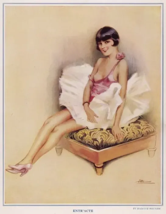 Framed Print : Entr acte. Young ballet dancer or flapper girl posing on a stool