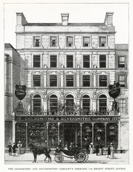 Framed Print : Exterior of Goldsmiths and Silversmiths Company, premises at 112 Regent Street, London. Date: 1898 Framed Print : Exterior of Goldsmiths and Silversmiths Company, premises at 112 Regent Street, London. Date: 1898