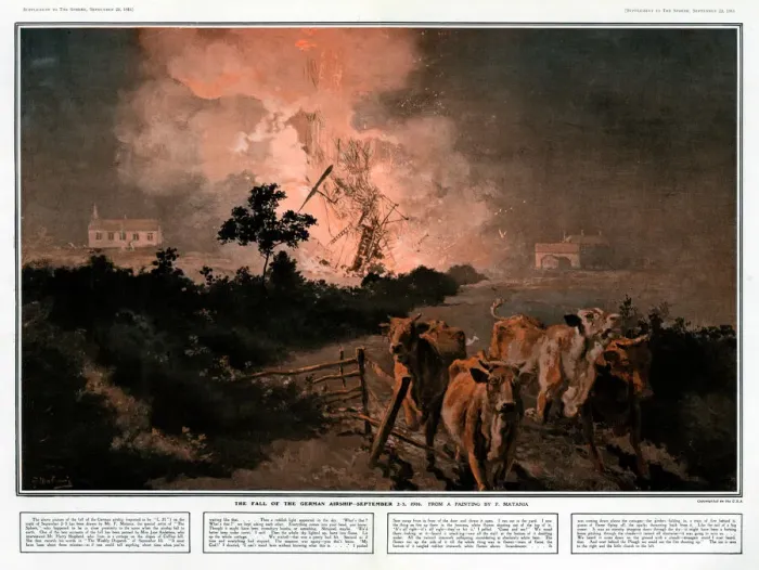 Framed Print : The Fall of the German airship L-21 by Fortunino Matania, WW1 Framed Print : The Fall of the German airship L-21 by Fortunino Matania, WW1