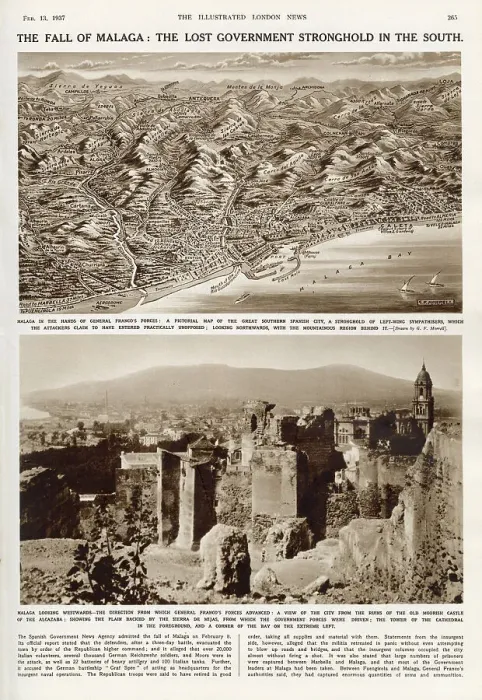 Framed Print : The Fall of Malaga: the lost government stronghold in the south. Spanish Civil War. Page from The Illustrated London News, 13th February 1937 including a pictorial map of Malaga. Date: 1937 Framed Print : The Fall of Malaga: the lost government stronghold in the south. Spanish Civil War. Page from The Illustrated London News, 13th February 1937 including a pictorial map of Malaga. Date: 1937
