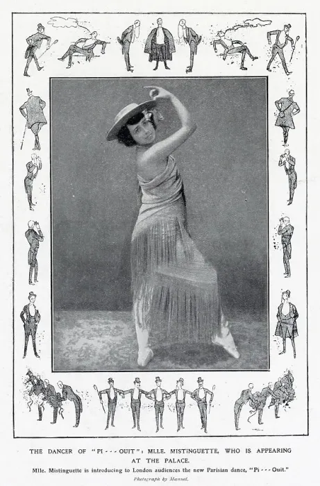 Framed Print : Famous French dancer and entertainer Mistinguett seen in costume during her first performances in London at the Palace Theatre, where she demonstrated the Parisian dance of the Pi........Ouit'. Date: 1907 Framed Print : Famous French dancer and entertainer Mistinguett seen in costume during her first performances in London at the Palace Theatre, where she demonstrated the Parisian dance of the Pi........Ouit'. Date: 1907
