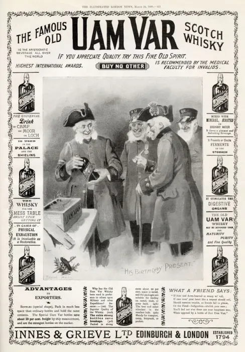 Framed Print : The Famous Old Uam Var Scotch Whisky. Advert featuring a birthday among the Chelsea
