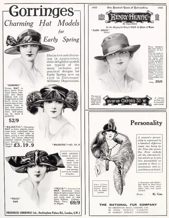 Framed Print : Three fashion adverts for women's fashionable hats and fur stoles from The Tatler January 1923. Gorringes early spring brimmed hats. Henry Heath Ltd boland style women's hat Framed Print : Three fashion adverts for women's fashionable hats and fur stoles from The Tatler January 1923. Gorringes early spring brimmed hats. Henry Heath Ltd boland style women's hat