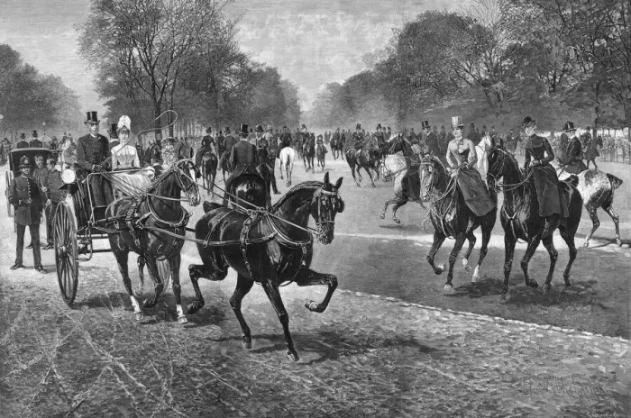 Framed Print : Fashionable riders in Rotten Row, Hyde Park, London Framed Print : Fashionable riders in Rotten Row, Hyde Park, London