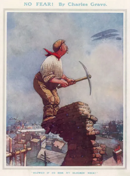 Framed Print : No Fear. A curmudgeonly workman, balanced precariously on a chimney Framed Print : No Fear. A curmudgeonly workman, balanced precariously on a chimney