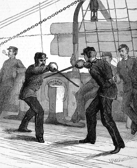 Framed Print : Fencing on board a Troopship, 1876 Framed Print : Fencing on board a Troopship, 1876