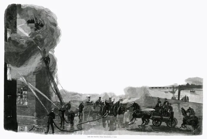 Framed Print : Fire engines at work 1888