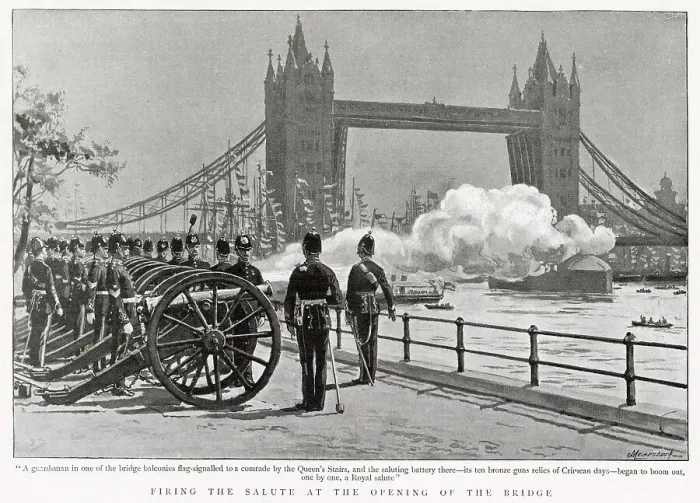Framed Print : Firing the salute at the opening of Tower Bridge, London. Date: 30th June 1894 Framed Print : Firing the salute at the opening of Tower Bridge, London. Date: 30th June 1894