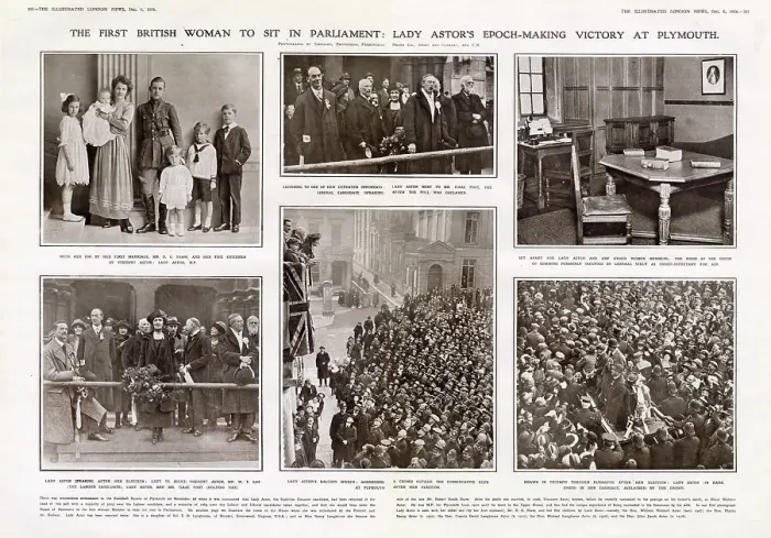 Framed Print : The First British Woman Member of Parliament (MP) - Lady Astor - scenes of her triumph and life outside politics. Date: 1919 Framed Print : The First British Woman Member of Parliament (MP) - Lady Astor - scenes of her triumph and life outside politics. Date: 1919
