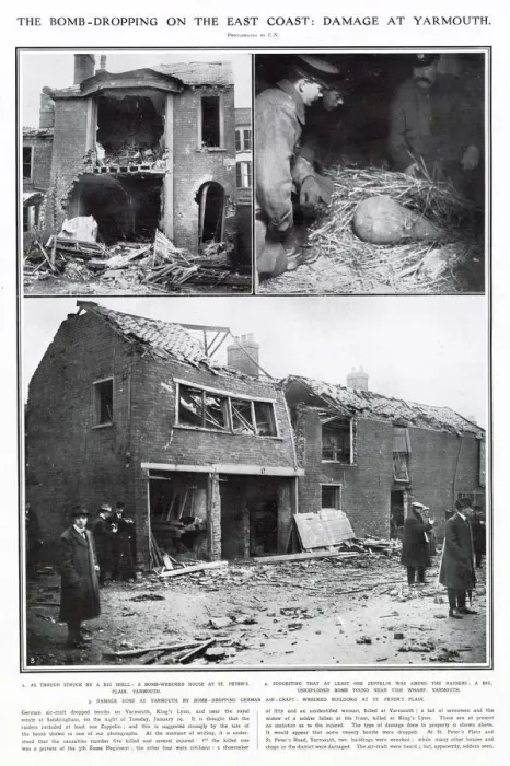 Framed Print : The first German air-raid by three Zeppelins, dropped bombs in Yarmouth Framed Print : The first German air-raid by three Zeppelins, dropped bombs in Yarmouth