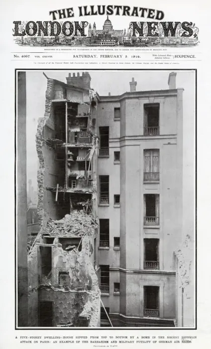 Framed Print : A five-storey dwellings heavily damaged by a bomb by a zeppelin attack. Date: 1916