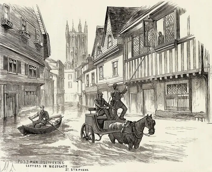 Framed Print : Floods at Canterbury, Kent, in autumn 1882: postman delivering letters in Westgate, with the aid of a long pole. Date: 1882 Framed Print : Floods at Canterbury, Kent, in autumn 1882: postman delivering letters in Westgate, with the aid of a long pole. Date: 1882