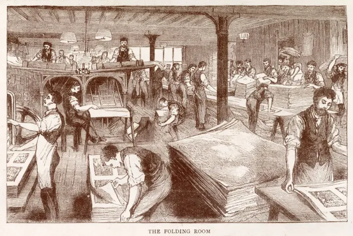 Framed Print : In the folding room, busy workers checking, sorting and putting in order the pages Framed Print : In the folding room, busy workers checking, sorting and putting in order the pages