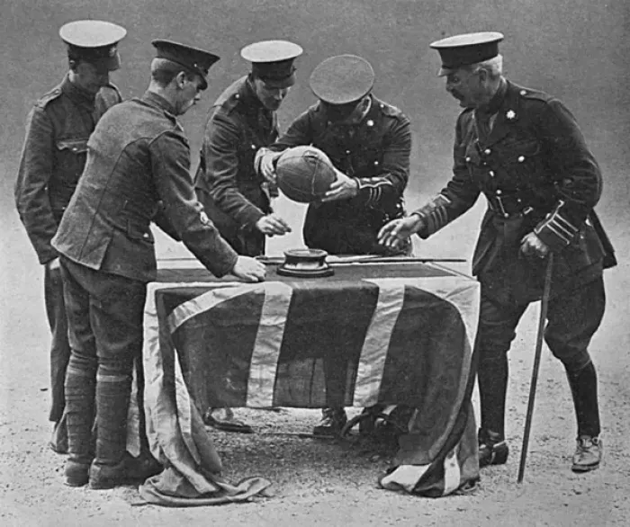 Framed Print : Football dribbled by the East Surreys to German trench, WW1 Framed Print : Football dribbled by the East Surreys to German trench, WW1