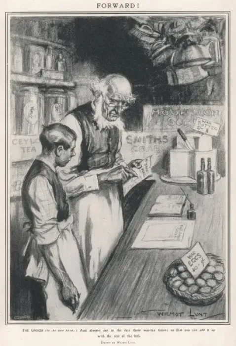 Framed Print : Forward. A grocer advises the new hand to add the date to the bill in these