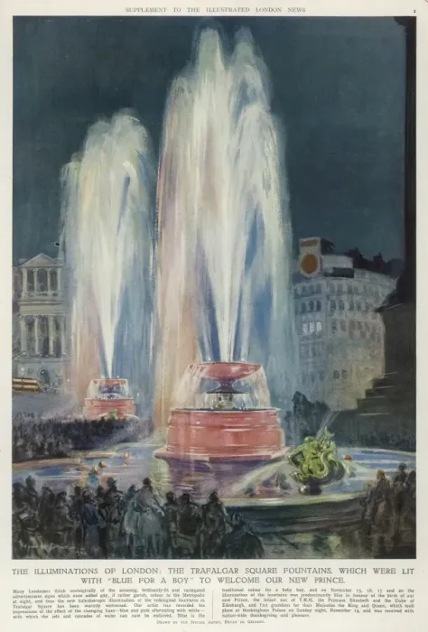 Framed Print : Fountains of Trafalgar Square lit with blue to welcome birth