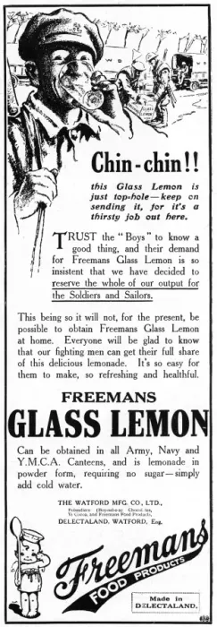 Framed Print : Freemans Glass Lemon drink advertisement, WW1
