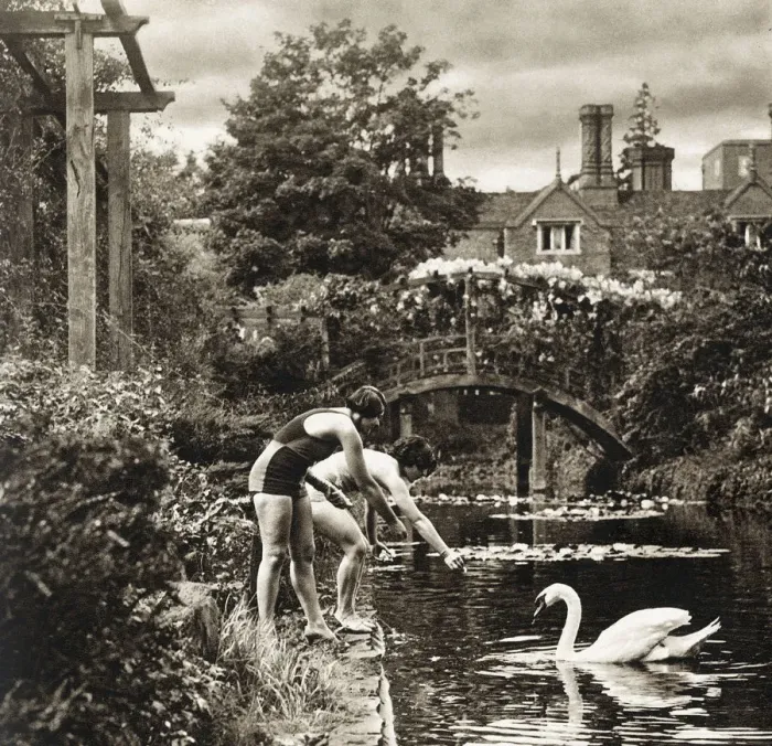 Framed Print : French actresses in swimsuits at Great Fosters, Egham Framed Print : French actresses in swimsuits at Great Fosters, Egham