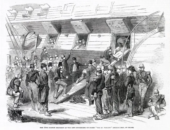 Framed Print : French soldiers of the 48th Regiment of the Line embark aboard the English ship Framed Print : French soldiers of the 48th Regiment of the Line embark aboard the English ship