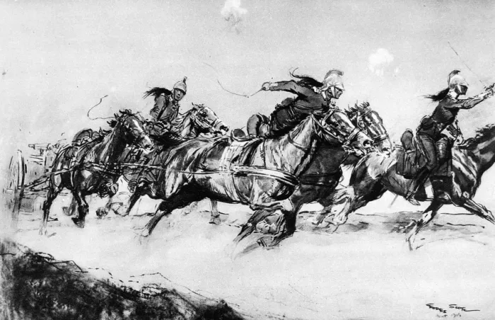 Framed Print : Galloping a machine gun into action: A French Dragoon Mitrailleuse section dashing forward under fire