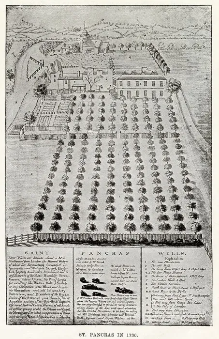 Framed Print : Gardens and buildings at St. Pancras, then just outside London. Date: 1730
